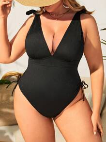 SHEIN Swim Curve Kích thước lớn Của phụ nữ Xù Không lưng Đồ bơi một mảnh - màu đen - Xem 7