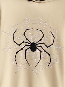 Manfinity RebelGame 男式蜘蛛网印花连帽衫，配有抽绳和保暖衬里 - 卡其色 - 查看 4