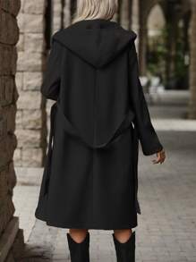 SHEIN LUNE 女式純色連帽毛呢大衣配腰帶