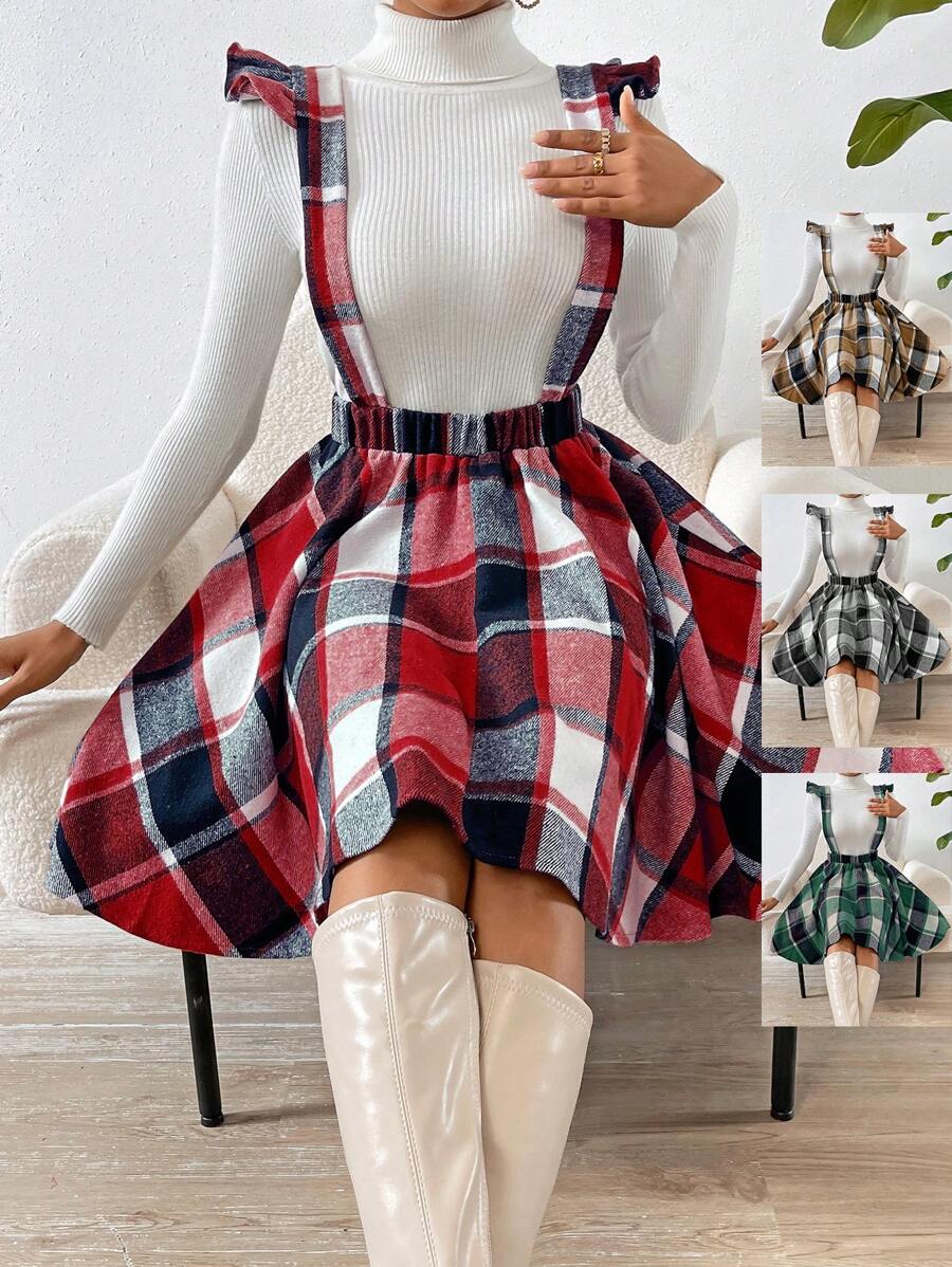 SHEIN Essnce Váy có dây đeo & áo len kẻ sọc có viền xếp nếp - màu đen - Xem 1