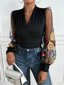 Floral Embroidered Lantern Sleeves Top Fall Cloth For Women - Black - View 5