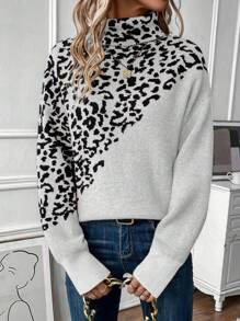 SHEIN LUNE Của phụ nữ In hoa Báo Cổ áo cao Áo len - Màu be - Xem 5