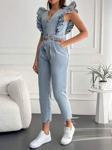 Ruffle Trim Button Front Denim Jumpsuit - Light Wash - View 3