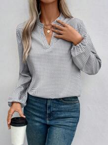 SHEIN Clasi 女式v領口襯衫,氣球袖式,全印花款 - 彩色 - 查看 4