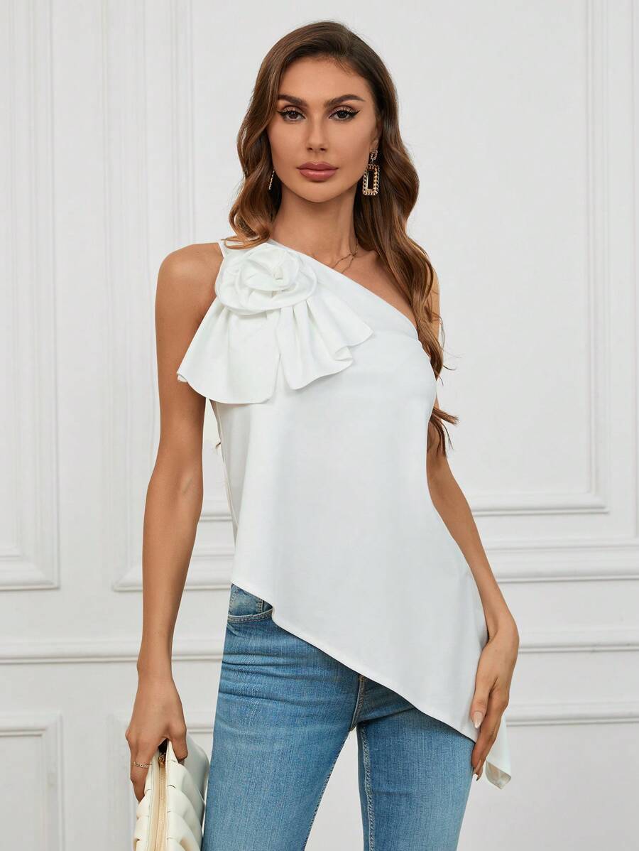 Aveloria 3D Blumen Asymmetrischer Saum One-Shoulder Top