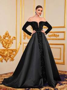 Faeriesty Đầm dự tiệc sang trọng tay dài bằng vải satin sequin tương phản - màu đen - Xem 3