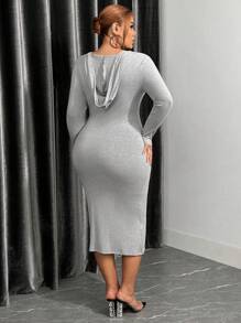 SHEIN SXY Women's Plus Size Solid Color Zipper Half Placket Hooded Bodycon Dress - Grey - View 2