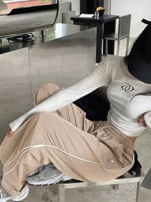 DAZY Pantalones Largos Estampados Con Patrón De Cintura Con Cordón Para Mujer - Beis - Ver 3