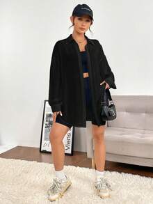 SHEIN EZwear 女款純色系扣落肩襯衫 - 黑色 - 查看 3