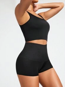 SHAPORA Conjunto De Sujetador Corto De Color Sólido Y Pantalones Cortos Moldeadores Para Mujer - Negro - Ver 3