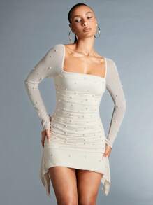 SHEIN BAE Asymmetrical Hem Pearl Studded Dress,White Graduation Dress - Apricot - View 4