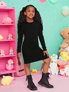 SHEIN Cool Leg-Of-Mutton Sleeve Knitted Dress For Tween Girl - Black - View 5