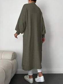 EURMUSE Cárdigan de plumero con doble bolsillo de hombros caídos largo - Verde militar - Ver 2