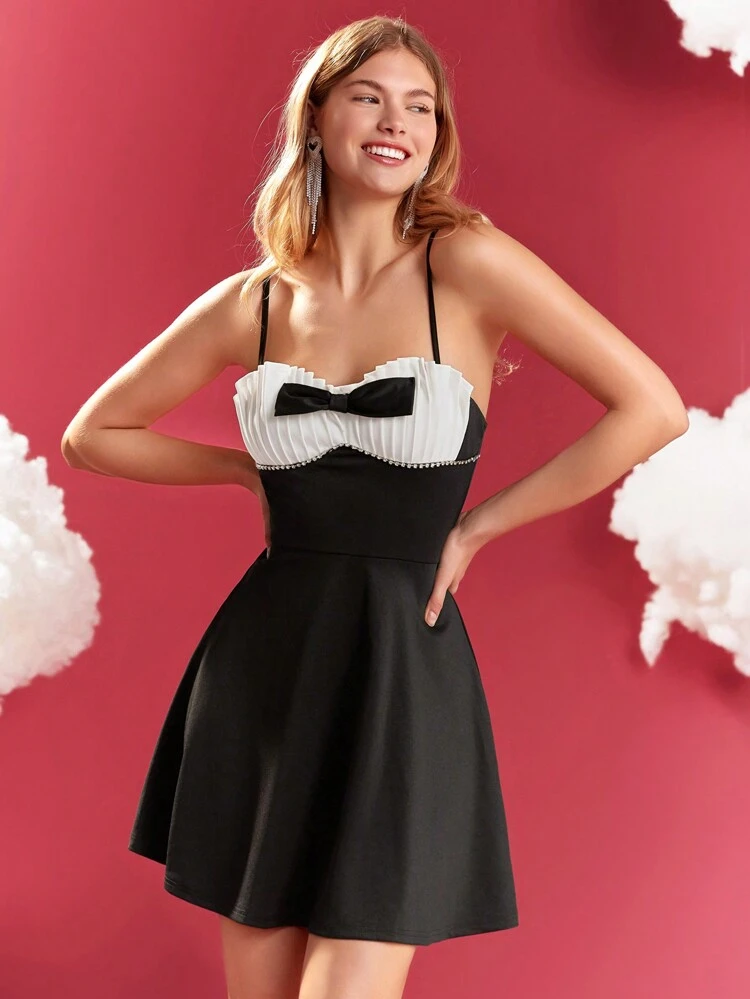 Women's Color Block Cami Dress With Bow Detail