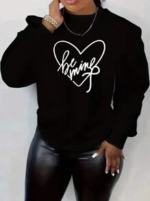 SHEIN EZwear Kích thước lớn Của phụ nữ In chữ cái và hình trái tim Lông cừu Áo chui đầu Áo nỉ - màu đen - Xem 1