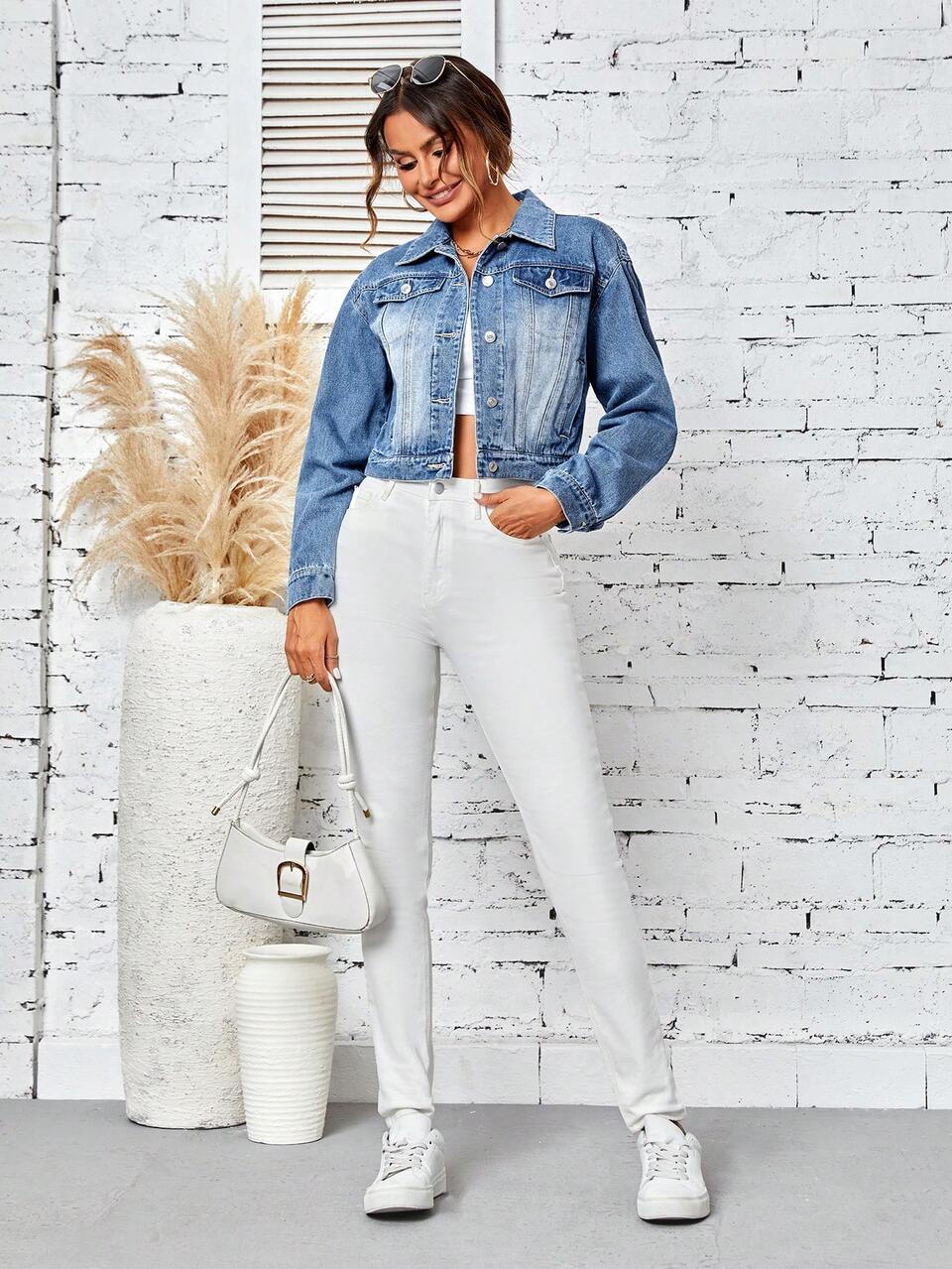 Women's Back Bear Doll Design Denim Jacket
