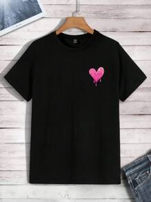 男士心形設計圓領短袖t恤 - 黑色 - 查看 1