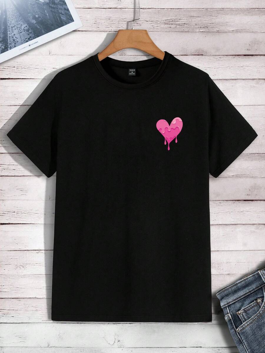 男士心形設計圓領短袖t恤 - 黑色 - 查看 1