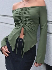 SHEIN Essnce Drawstring Detail Asymmetric Hem Off Shoulder T-shirt - Army Green - View 6