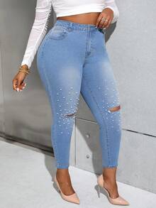 SHEIN Essnce Jeans Ajustados Con Cuentas De Talla Grande Para Mujeres - Azul lavado medio - Ver 5