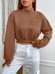 SHEIN EZwear 女用字母壓花立領超大落肩運動衫 - 咖啡棕 - 查看 4