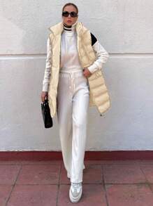 EURMUSE Women's Sleeveless Hooded Zipper Quilted Jacket - Beige - View 4