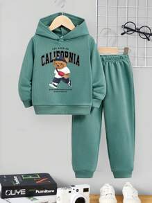 Toddler Boys' Casual Bear & Letter Print Hoodie And Pants Set, Suitable For Autumn And Winter - Green - View 1