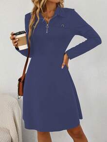 SHEIN LUNE Long Sleeve Turn-down Collar Waist Cinched Dress - Blue - View 3