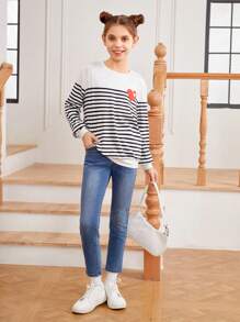 女童針織愛心印花和條紋圓領寬鬆休閒t恤 - 彩色 - 查看 3