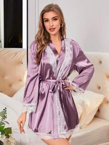 女士拼接蕾絲緞面浴衣 - 淺灰紫 - 查看 3