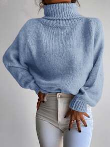 RueChic Jersey cuello alto de manga raglán tejido de canalé - Azul - Ver 4