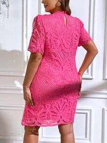 SHEIN Clasi Kích thước lớn Của phụ nữ Lỏng lẻo phù hợp Giải trí Ren Đứng cổ áo Đầm - Màu Hồng Tươi - Xem 3