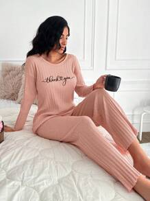 EURMUSE Damen Schlogan-Muster Oversized Langarm Top und Hose Pyjama Set - Korallenrosa - Übersicht 3