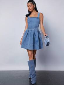 Denimoi Square Neck Pleated Denim Dress - Medium Wash - View 6