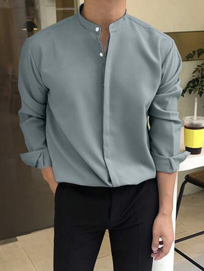 DAZY 男士纯色长袖衬衫，适合秋季商务穿着