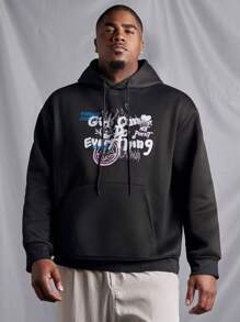 Manfinity LEGND Men's Plus Size Letter Printed Hooded Leisure Sweatshirt With Drawstring - Black - View 5