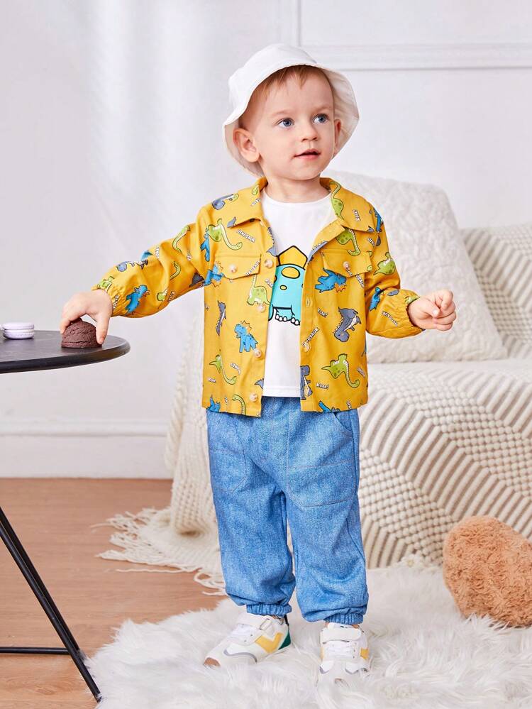 Baby Boys' Casual Cute Dinosaur Pattern Collared Jacket Short Sleeve T-shirt And Jeans Set, Summer