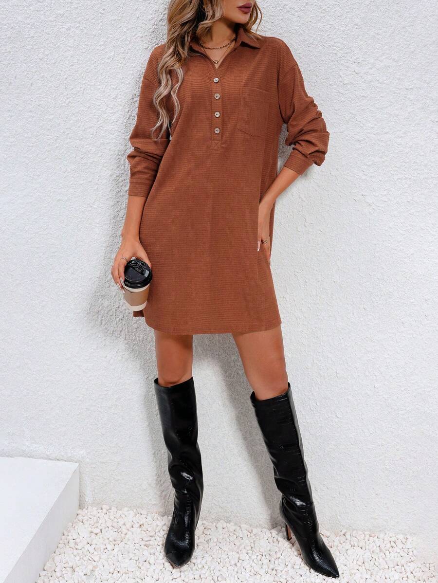 SHEIN LUNE Ladies' Half-button Placket Dress - Coffee Brown - View 1