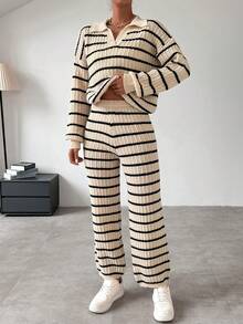 SHEIN Frenchy Women's Striped Drop Shoulder Sweater 2pcs/set - Apricot - View 6