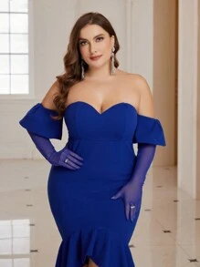 SHEIN Belle Gaun Cocktail Wanita Plus - Biru - View 5