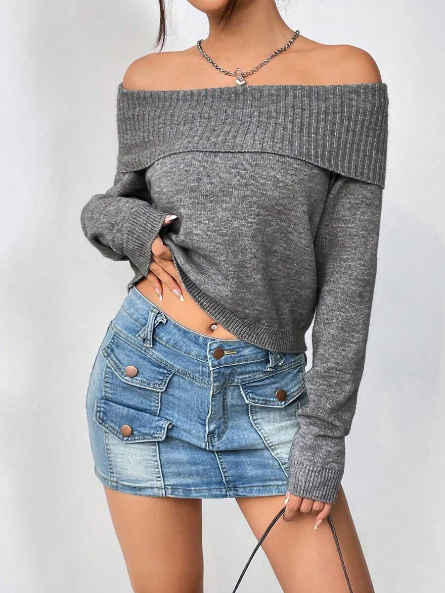 Flirla Solid Color Ribbed Off Shoulder Long Sleeve Knit Pullover Fall Winter Sweater - Grey - View 1