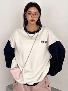 DAZY Color-block Letter Printed Drop Shoulder Sweatshirt - Navy Blue - View 5