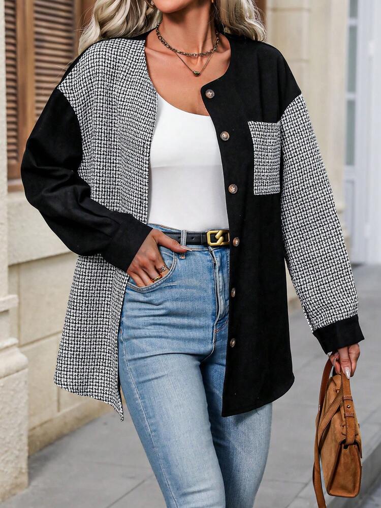 Women's Color Block Lapel Button Up Jacket With Patch Pockets