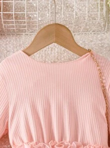 SHEIN Little Girls' Long Sleeve Butterfly Applique Mesh Dress - Pink - View 3