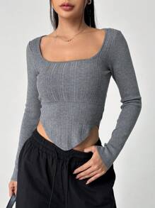 SHEIN EZwear Camisa Base De Manga Larga De Cuello Cuadrado En Color Sólido Para Mujer - Gris Oscuro - Ver 1