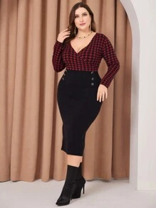 Mulvari 勃艮第红色千鸟格图案撞色长袖连衣裙