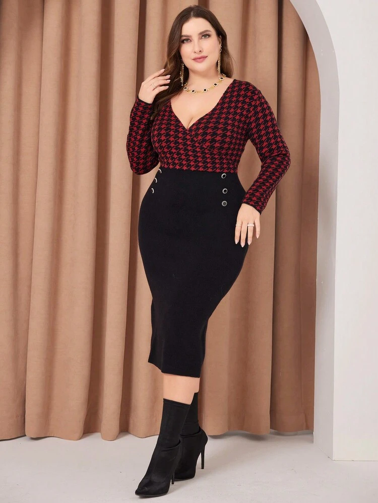 Burgundy Red Houndstooth Pattern Contrast Long-Sleeve Dress