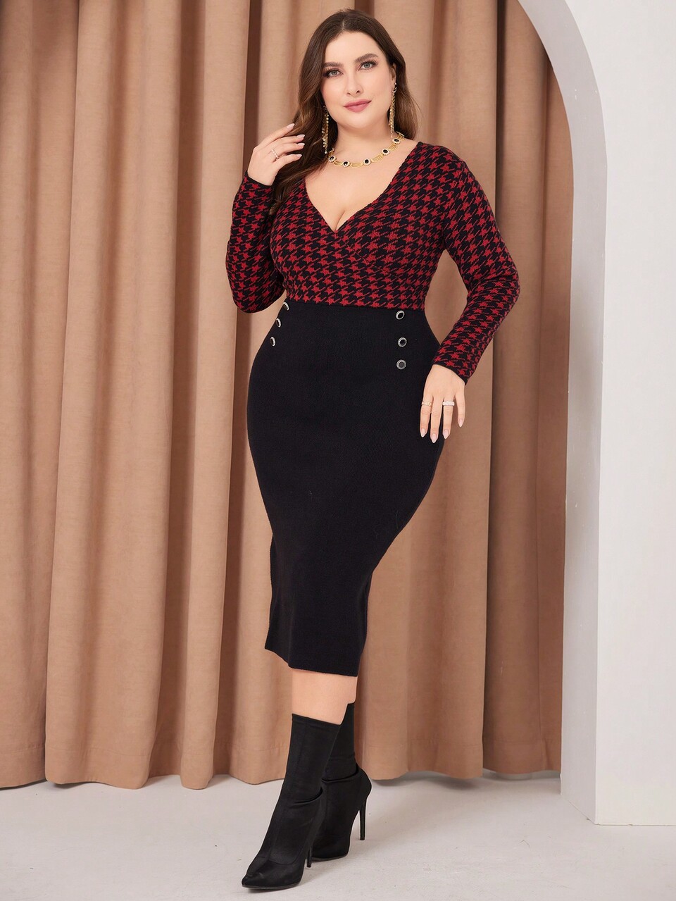 Burgundy Red Houndstooth Pattern Contrast Long-Sleeve Dress