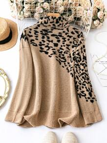SHEIN LUNE Women's Plus Size High Neck Leopard Print Splice Drop Shoulder Sweater Knit Pullover Fall Winter Outfit - Multicolor - View 2