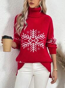 SHEIN LUNE 女款高領雪花圖案插肩袖毛衣 - 紅色 - 查看 4